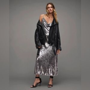 All Saints Hadley Silver Sequined Cowl Neck Sleeveless Slip Dress New